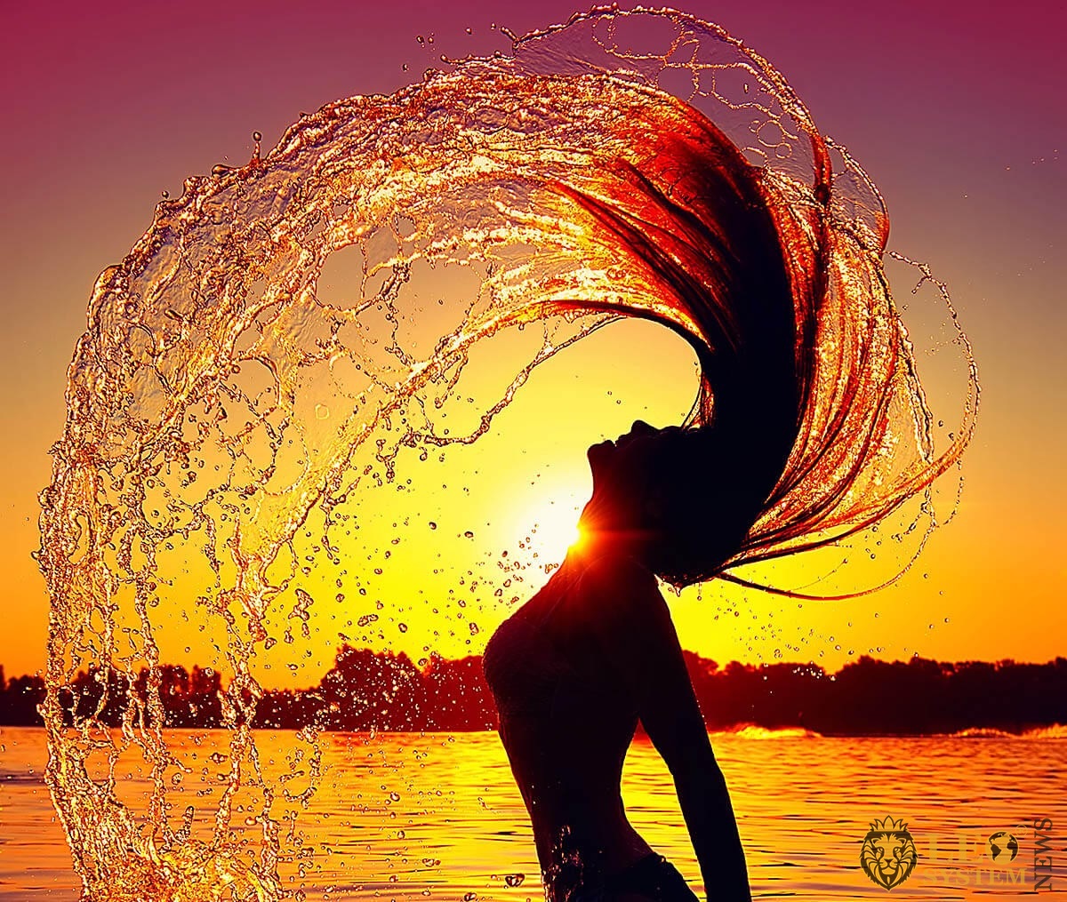 Image of a bathing woman at sunset
