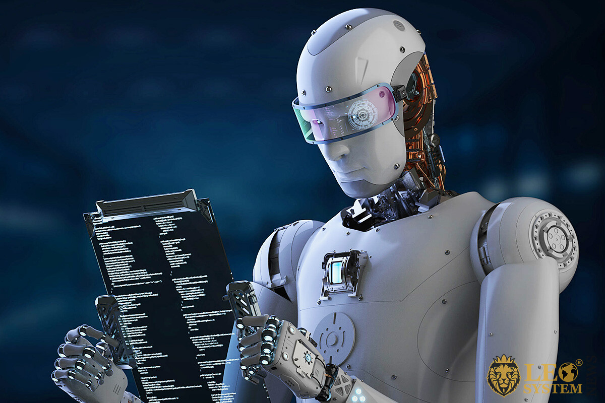 Image of a humanoid robot reading a book
